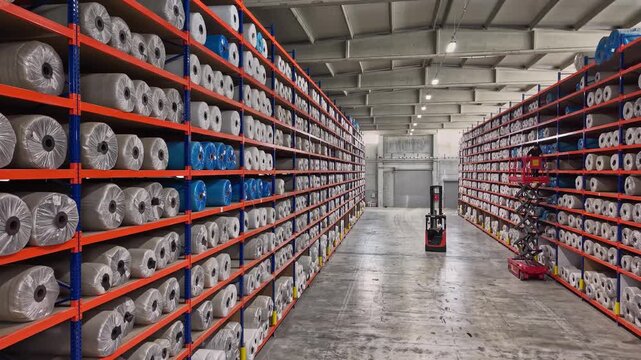 Wrapped yarn bobbins are stored on high shelves inside a textile warehouse with a forklift work area. This video frame shows stock management, raw material storage, logistics, and industrial warehouse