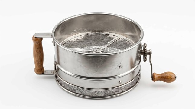 Stainless steel flour sifter with a wooden handle and hand crank isolated on white background