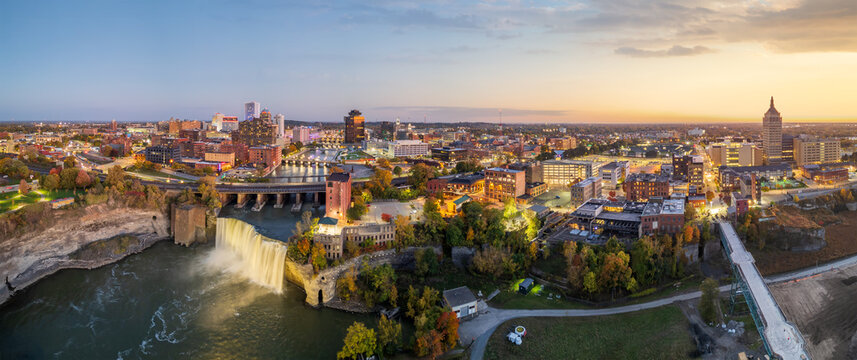 Rochester, New York, USA cityscape on the Genesee River and High Falls