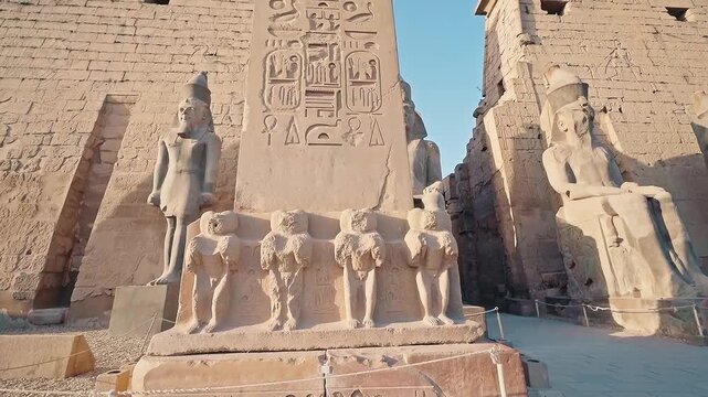 tilt up 4k footage of Obelisk at the Luxor Temple in Egypt. Look of carved hieroglyphs. Big stone ancient obelisk in Egypt