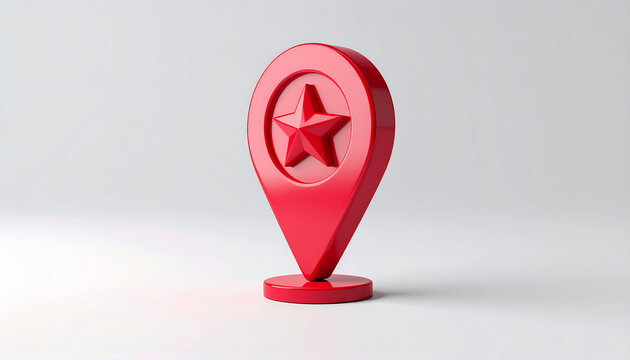 Red 3D location pin marker icon with star on white background, modern minimalist style, navigation and maps concept. Close-up.