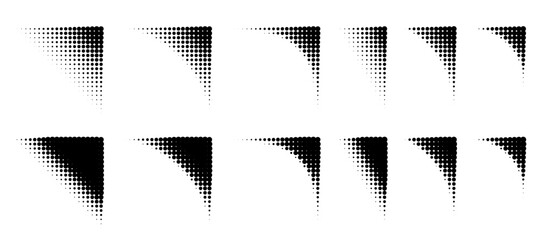 Dot halftone corner patterns with gradient fade effects. Modern comic book borders and frames for banners, posters, and monochrome graphic design templates. © 2olotarev