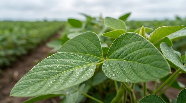 A close-up of vibrant green soybean leaves covered with morning dew drops in a sprawling agricultural field, highlighting concerns about dicamba herbicide