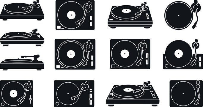 Retro vinyl turntable collection vintage record player audio equipment DJ music entertainment black silhouettes icons set vector