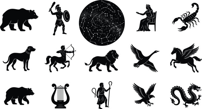 Ptolemy constellations collection ancient Greek astronomy zodiac mythology stars map characters icons black silhouettes set vector