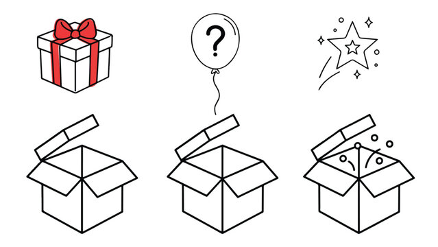 line drawing of gift box with red bow and open boxes with question mark balloon and star