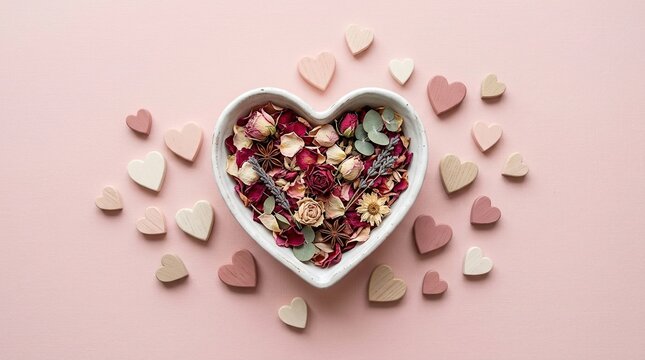 Heart shaped bowl with dried rose petals lavender and anise stars surrounded by wooden heart decorations on soft pastel pink background for romantic holiday concept.