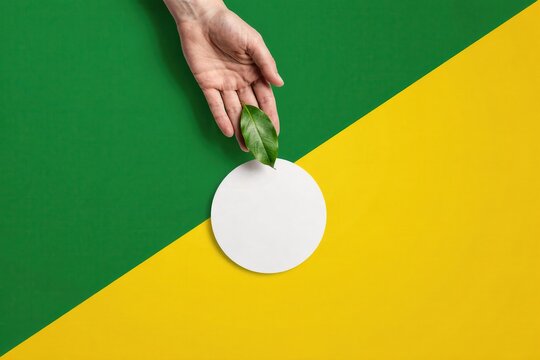 A hand holds a white circle with a green leaf on a green and yellow background