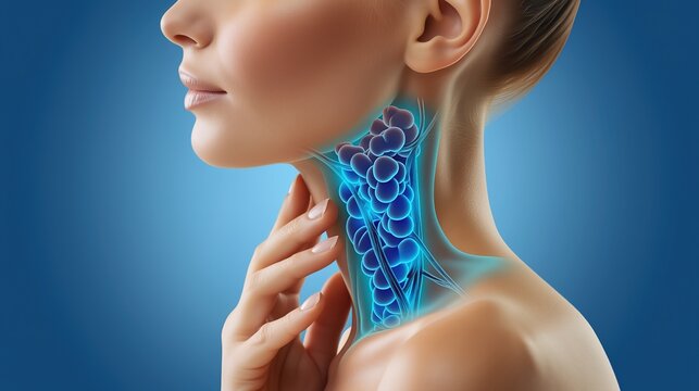 3D medical anatomical illustration of lymphadenopathy showing swollen lymph nodes in human neck, armpit and groin area, lymphatic system inflammation, abnormal lymph gland enlargement caused