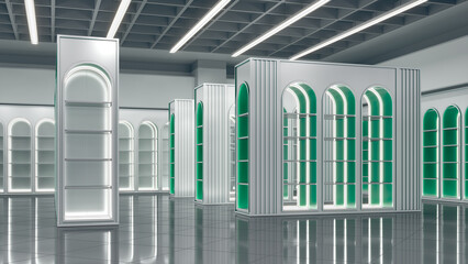 White and green arched gondola shelving with LED lighting in a retail store interior. 3d illustration © Wire_man