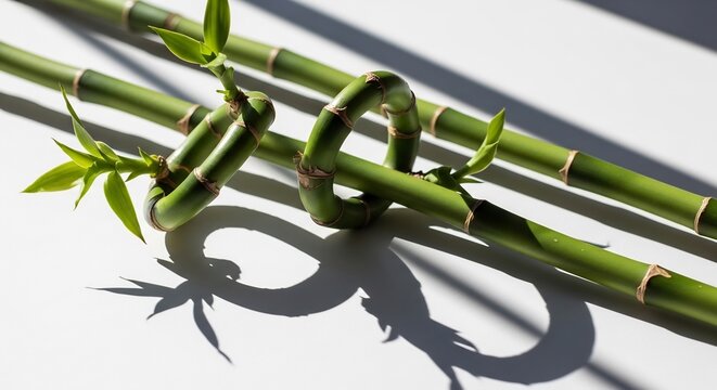 Green bamboo stalks knotted together on a white surface with shadows