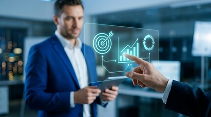 Obraz premium Business professional interacting with digital financial growth data hologram projection in modern office environment, business