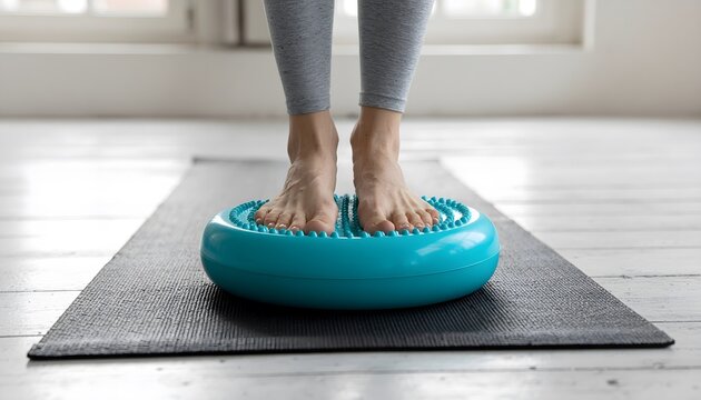 Bare feet standing on a textured blue balance cushion for physiotherapy and core stability training on a dark yoga mat inside a bright fitness studio with a wooden floor