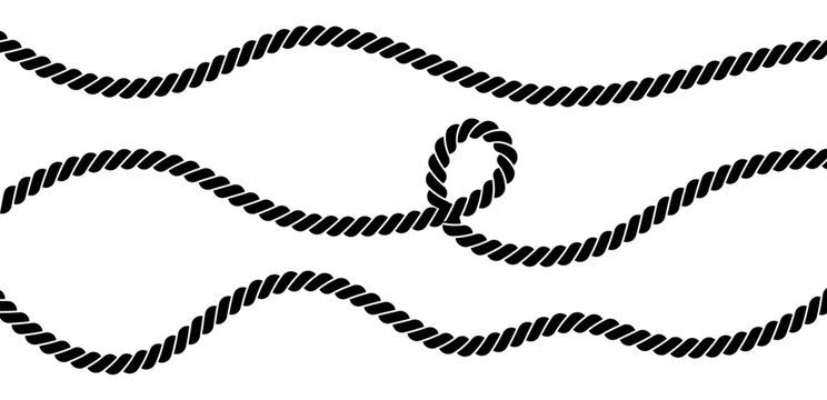 Rope wave patterns and loops create nautical borders. Twisted cord curves form decorative marine elements with cable textures for sailor designs.