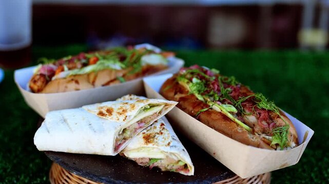 Grilled burrito cut in half with hot dog served in paper trays. Delicious street fast food on artificial grass table background. Outdoor catering event and picnic snack lunch.