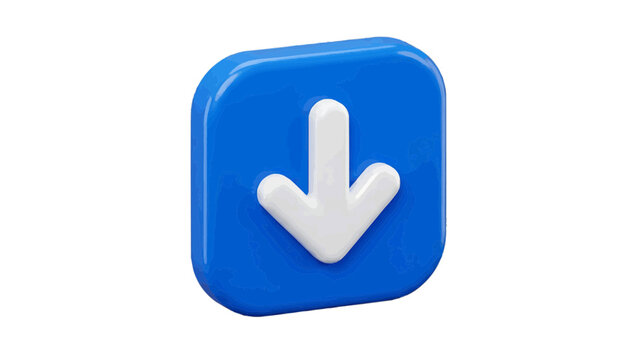 Vector illustration of 3d render of a glossy blue square icon with a white downward arrow symbol on a transparent background