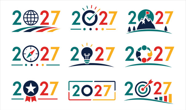 2027 Logo Collection With Globe Mountain And Clock Vector Illustrations