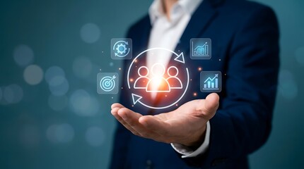 Fototapeta premium Businessman hand presenting glowing human resource management symbol with business network icons resources management business