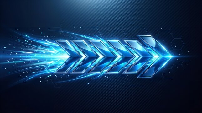 Dynamic blue metallic arrows with glowing light trails and speed effect on a dark textured background, symbolizing progress, technology, and rapid advancement, Professional Commercial Photography