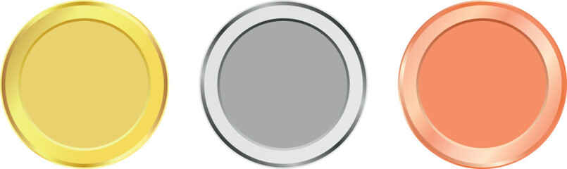Award gold, silver, and bronze blank medals in realistic 3D vector style. Empty first, second, and third place award badges isolated on a white background. Premium blank medal and emblem collection. © Iuliana
