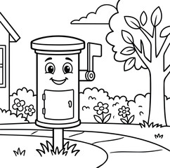 Naklejka premium Smiling mailbox in a suburban garden line art illustration black and white