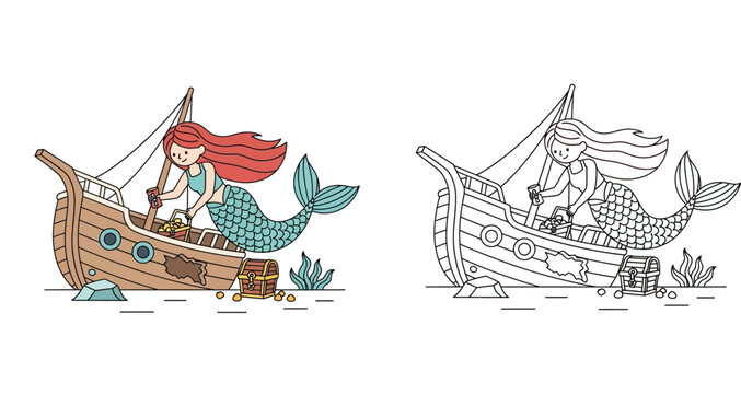 Cartoon mermaid exploring a sunken shipwreck with treasure chest, colorful and black and white coloring page illustration for kids