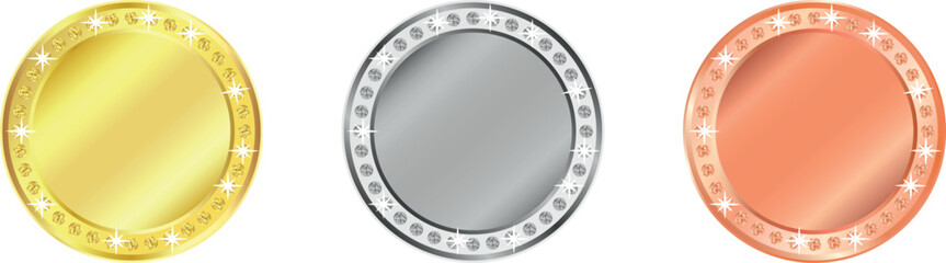 Gold, silver, and bronze medals with diamond borders. Empty first, second, and third place award badges isolated on a white background. Premium decorative emblem collection. © Iuliana