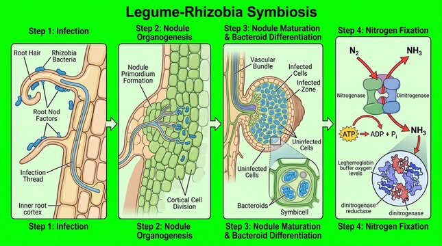 Educational Diagram Showing Legume Rhizobia Symbiosis and Nitrogen Fixation Process