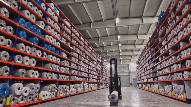 Wrapped yarn bobbins are stored on high shelves inside a textile warehouse with a forklift work area. This video frame shows stock management, raw material storage, logistics, and industrial warehouse