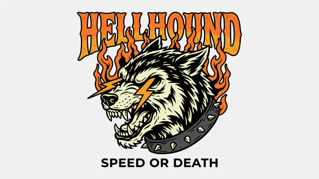 Vintage Hellhound Wolf Head with Fire and Lightning Bolts Aggressive Streetwear Illustration for T-shirt Design Print and Apparel