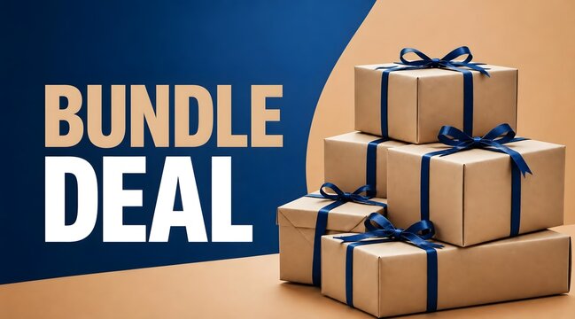 Bundle deal, gifts and boxes with ribbon for shopping, retail promotion and marketing offer. Discount, package and store with e-commerce, sales event and festive surprise for customer loyalty