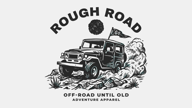Vintage off-road 4x4 suv car rough road adventure hand drawn illustration with distressed texture and typography for t-shirt design print and apparel