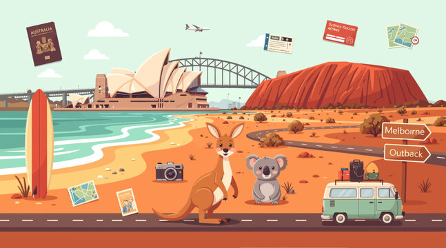 Australia travel: kangaroo, koala, Sydney Opera House, Uluru