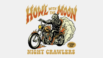 Vintage werewolf biker riding a flaming chopper motorcycle with howl with the moon typography illustration for t-shirt design print, apparel, and streetwear merchandise © Rizalivn
