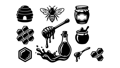 Bee Icon and Honeycomb Hexagon Symbols with Dripping Honey, Jars and Wooden Spoon for Sweet Concept Design © Mst