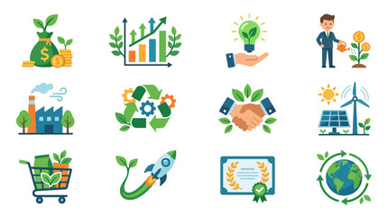 Fototapeta premium Professional Illustrated Icons Set Showcasing Sustainable Business Growth Green Investments and Eco Friendly Innovations