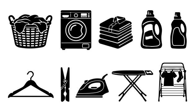 Laundry Icons Set with Washing Machine, Basket, Soap Bottle, Iron, Clothes Hanger, and Drying Rack for Home Care Concept