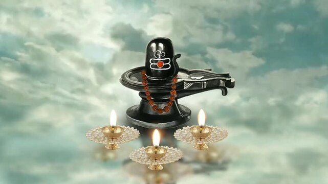 lord shiva lingam, with holy diyas against spiritual Cloudy Sky background.