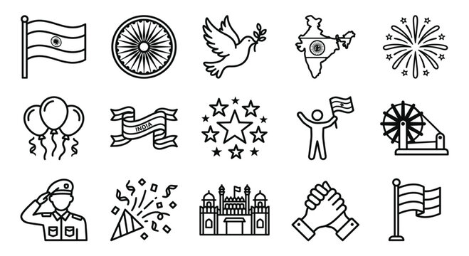 Indian republic day celebration icons set