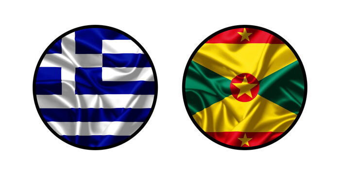 Greece and Grenada national flags in circular wavy silk badges on transparent background