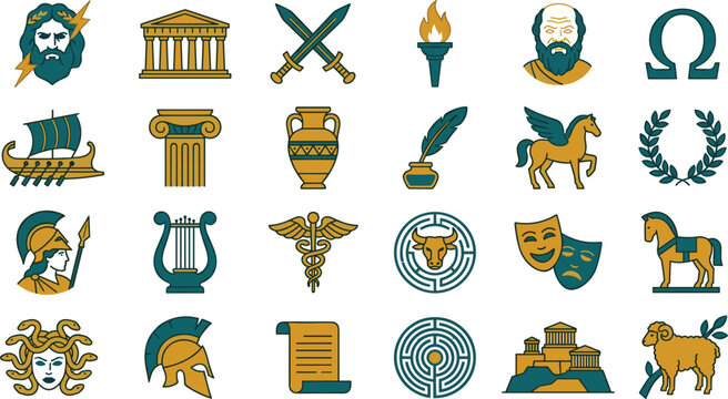 Ancient Greece and Greek Mythology Vector Icon Set with Olympian Gods Philosophy Theater Culture History and Legend Graphic Design Elements