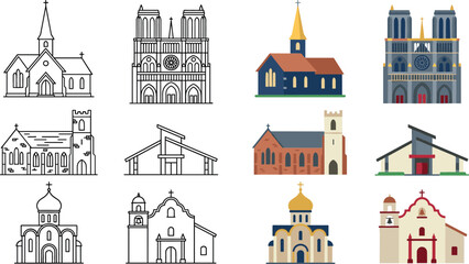 Church and cathedral building architecture vector illustration set with flat color and line art outline coloring page design elements © MdMehedi