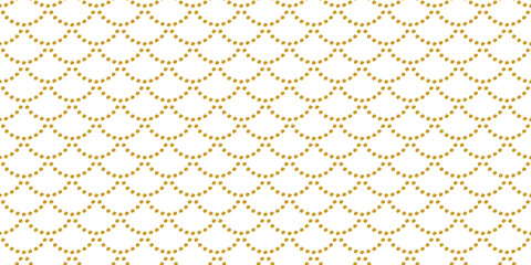 Fish scale pattern with gold dot creating scallop texture. Seamless vintage background featuring ornate reptile skin motif. Perfect for fabric, tile design, or decorative print projects. © 2olotarev