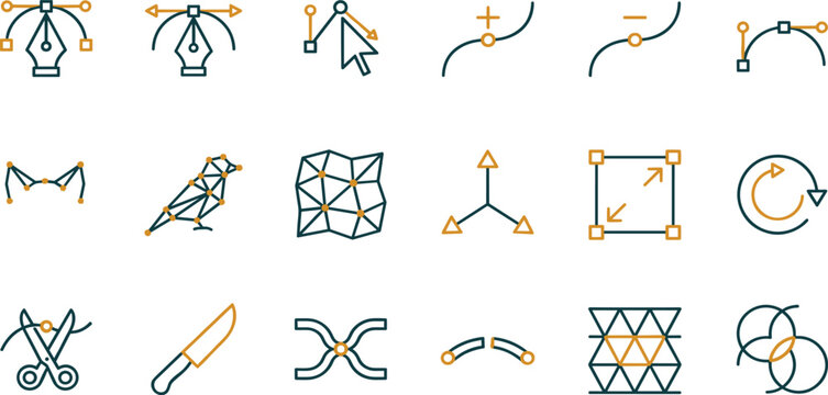 Graphic Design Graphic and Vector Illustration Software Tools Icon Set with Pen Tool Anchor Points Bezier Curves Mesh and Geometric Path Modification Elements