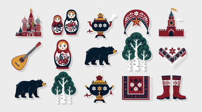 Russian Matryoshka Dolls, Samovar, Bear, Balalaika, Kremlin, Forest Icons