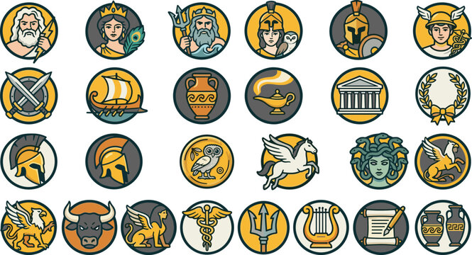 Greek Mythology and Ancient Olympian Gods Avatar Vector Icon Set with History Legends Culture and Folklore Shield Profile Badge Graphic Elements