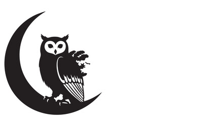 Naklejka premium Owl Perched on Crescent Moon with Wings Spread in a Minimalist Black and White Illustration featuring night, nature, wildlife