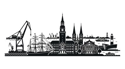 Vector Silhouette Cityscape with Harbor, Sailing Ship, and Cranes © grendel