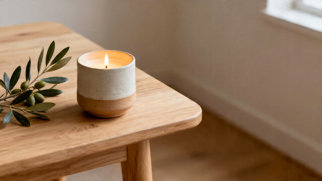 Minimalist soy candle in ceramic holder with olive branch
