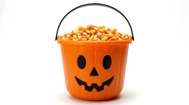 halloween candy corn in orange pumpkin bucket pail for trick or treat celebration